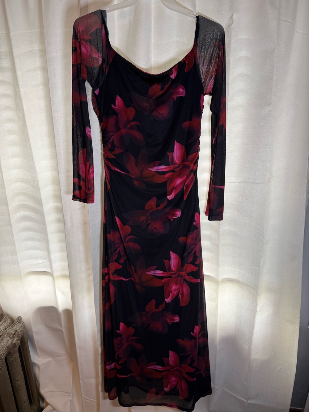 Black Floral Midi Dress with Pink Blooms